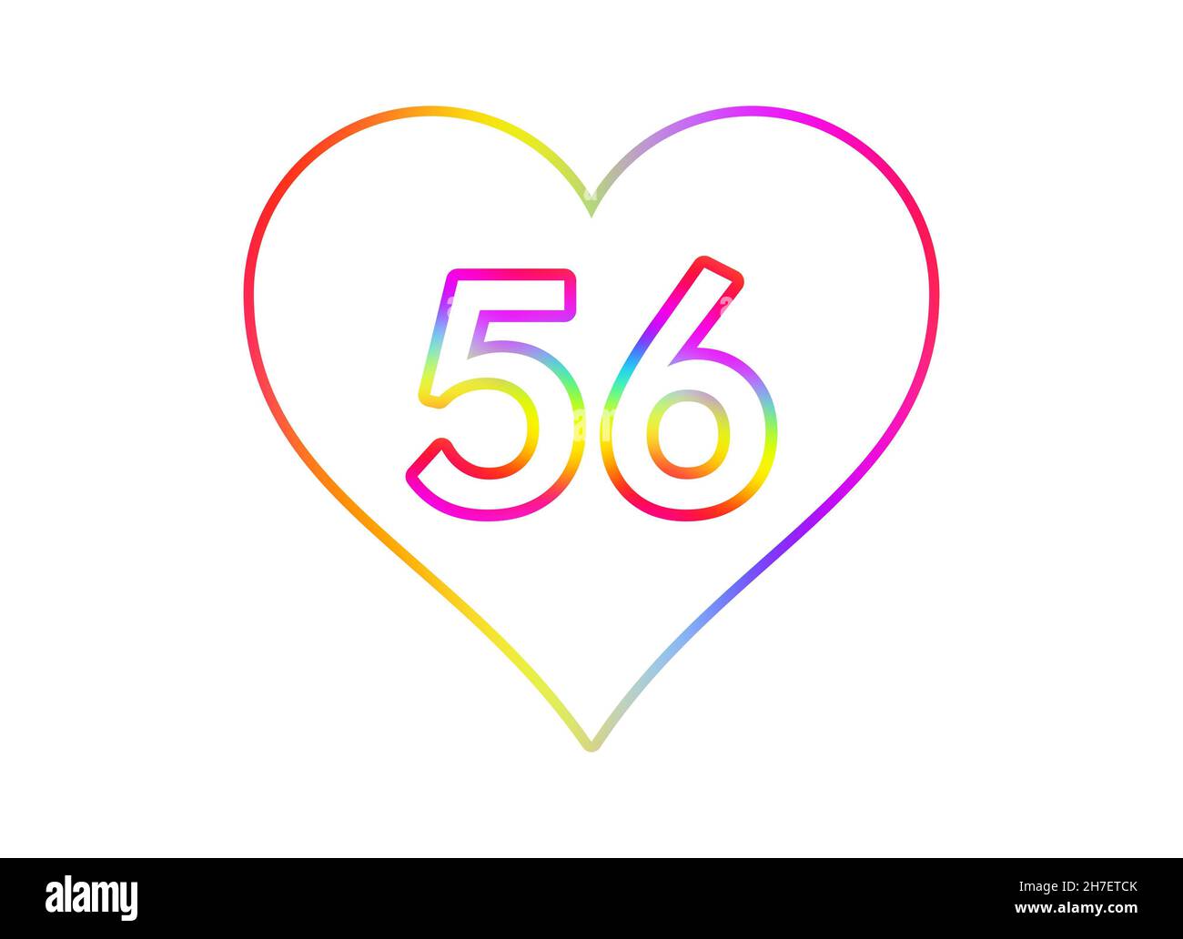 Nummer 56 in ein weißes Herz mit Regenbogenfarben umrandet. Stockfoto