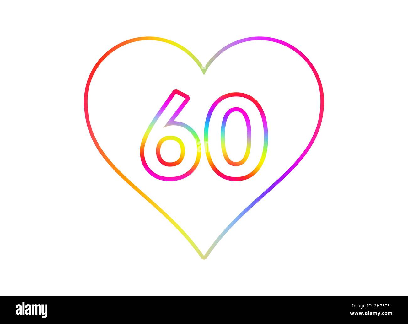 Nummer 60 in ein weißes Herz mit Regenbogenfarben umrandet. Stockfoto