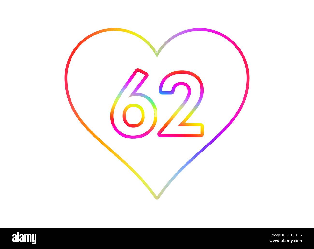 Nummer 62 in ein weißes Herz mit Regenbogenfarben umrandet. Stockfoto