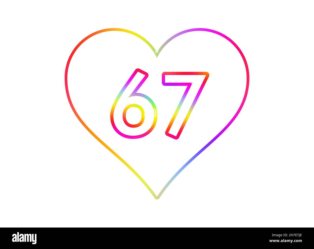 Nummer 67 in ein weißes Herz mit Regenbogenfarben umrandet. Stockfoto