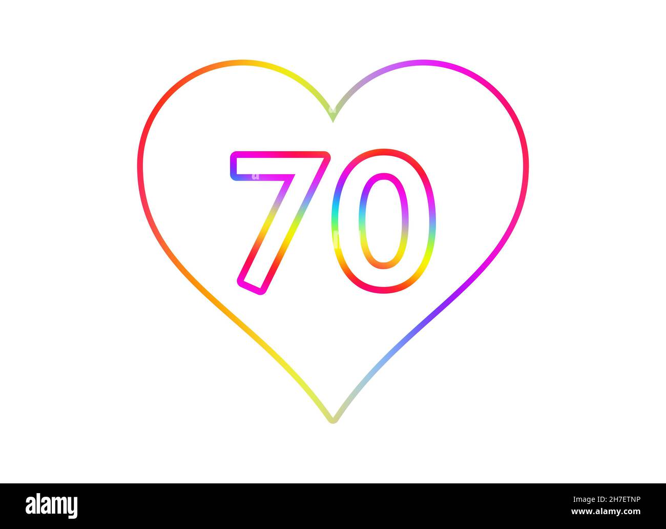 Nummer 70 in ein weißes Herz mit Regenbogenfarben umrandet. Stockfoto