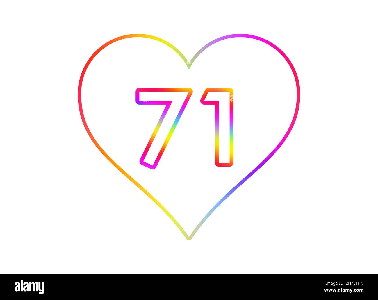 Nummer 71 in ein weißes Herz mit Regenbogenfarben umrandet. Stockfoto