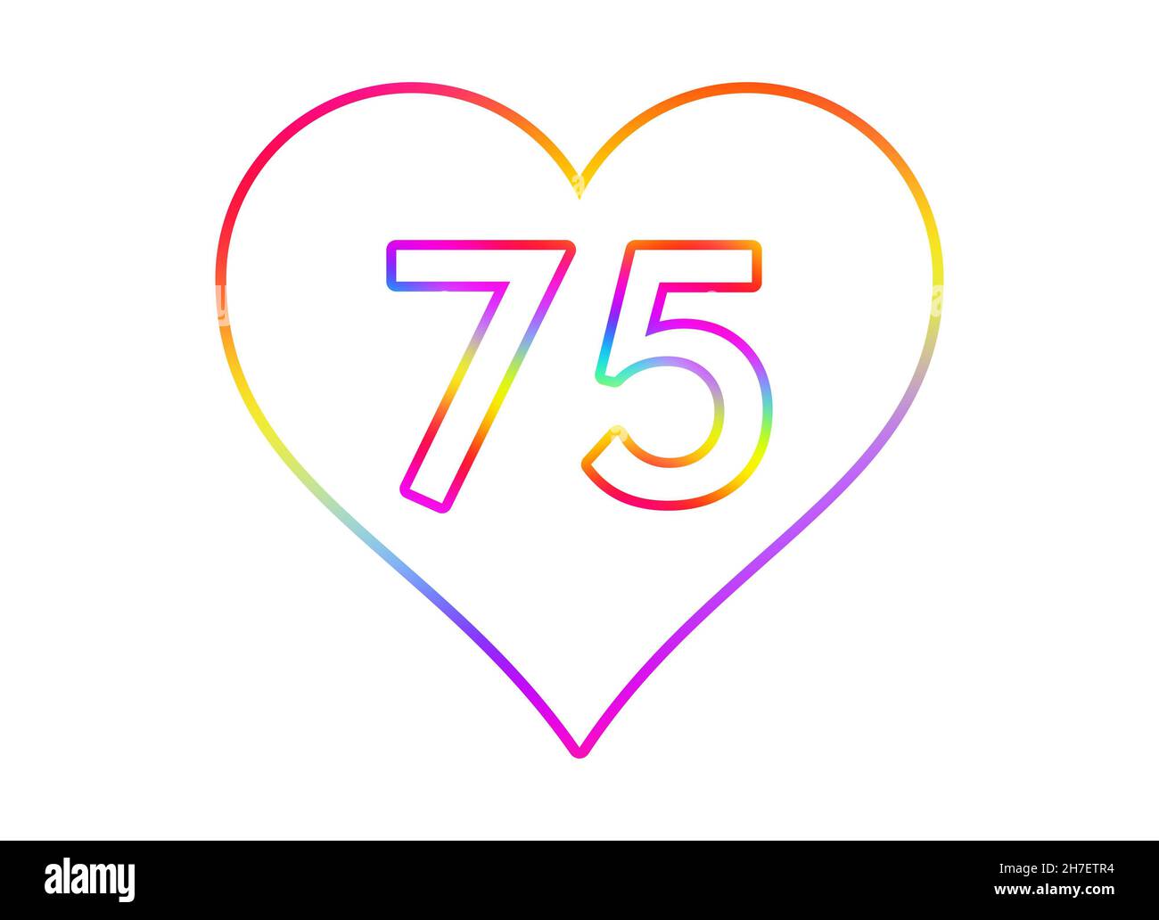Nummer 75 in ein weißes Herz mit Regenbogenfarben umrandet. Stockfoto