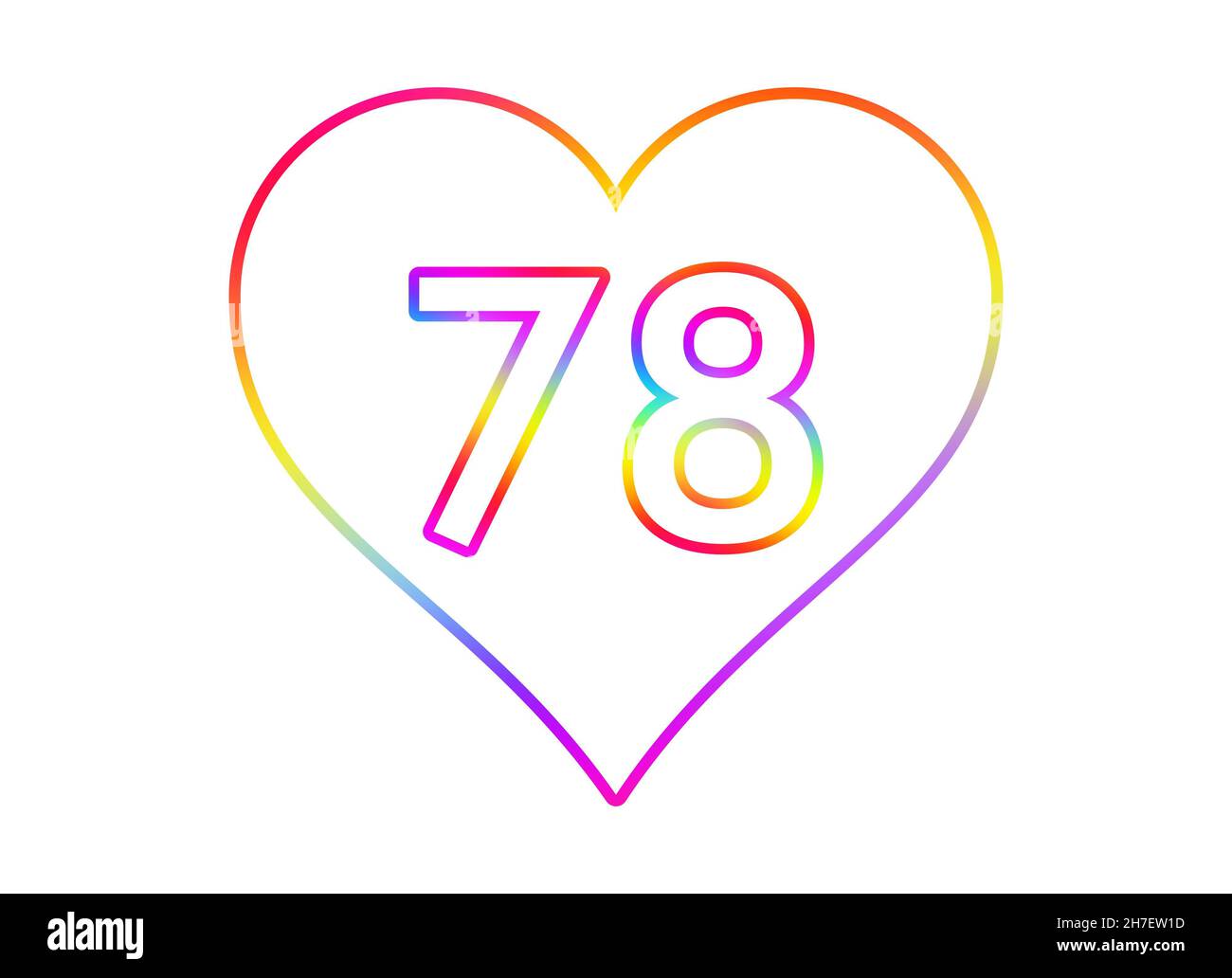 Nummer 78 in ein weißes Herz mit Regenbogenfarben umrandet. Stockfoto