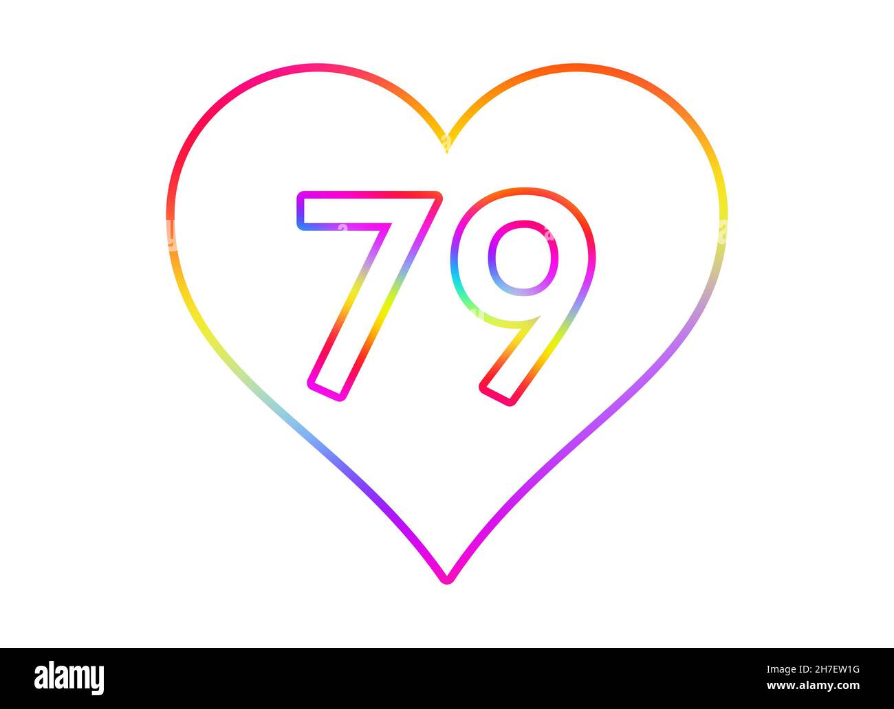Nummer 79 in ein weißes Herz mit Regenbogenfarben umrandet. Stockfoto