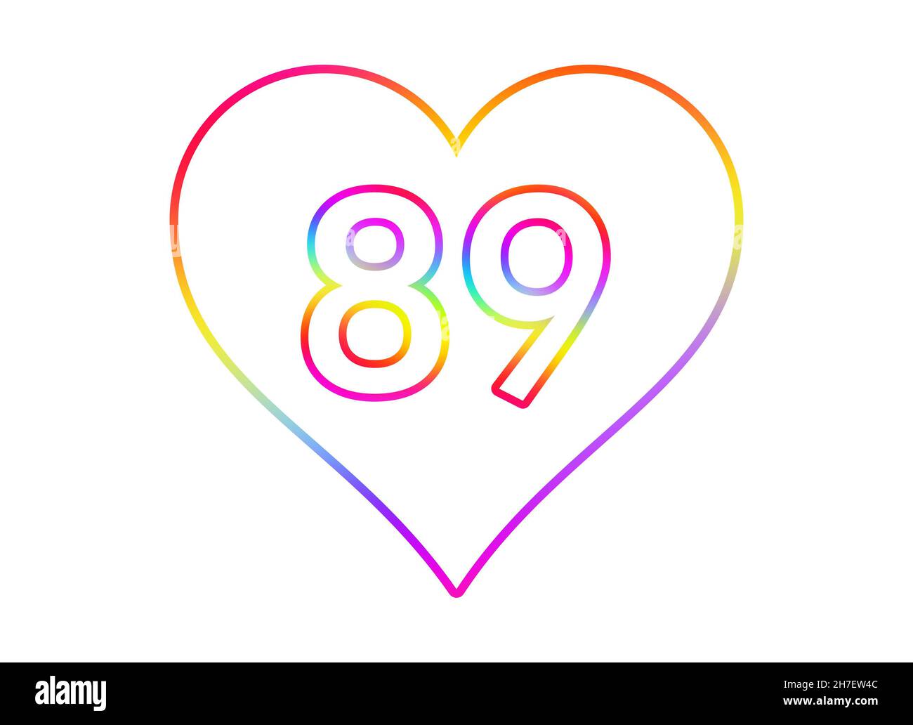 Nummer 89 in ein weißes Herz mit Regenbogenfarben umrandet. Stockfoto