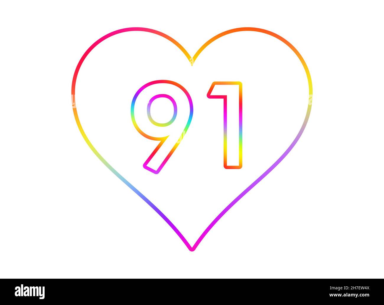 Nummer 91 in ein weißes Herz mit Regenbogenfarben umrandet. Stockfoto