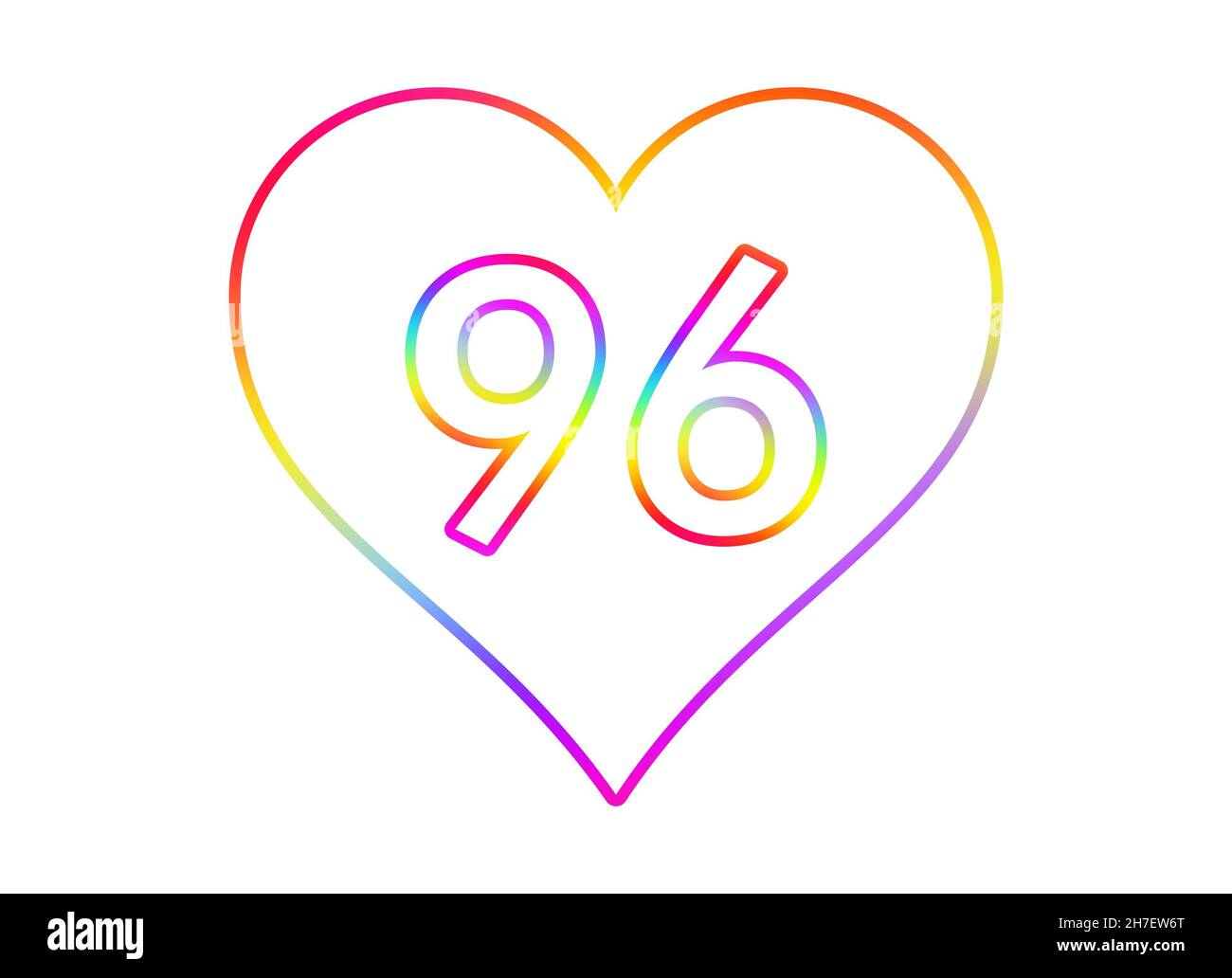 Nummer 96 in ein weißes Herz mit Regenbogenfarben umrandet. Stockfoto