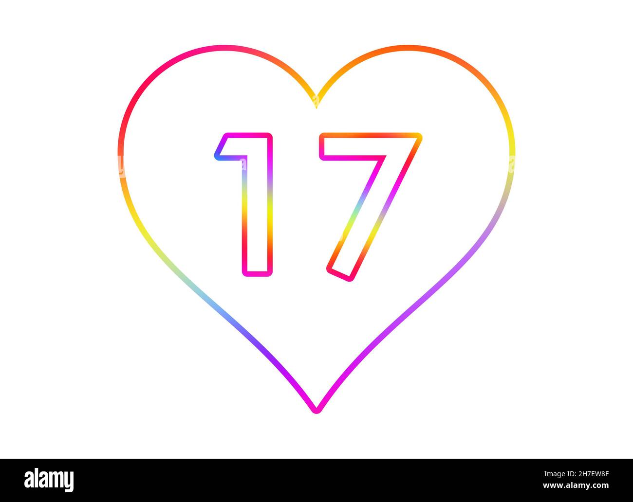 Nummer 17 in ein weißes Herz mit Regenbogenfarben umrandet. Stockfoto