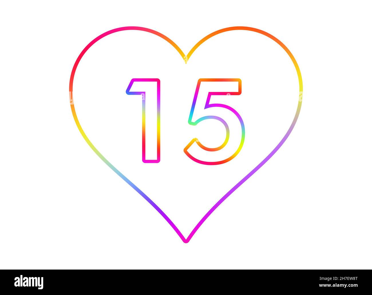 Nummer 15 in ein weißes Herz mit Regenbogenfarben umrandet. Stockfoto