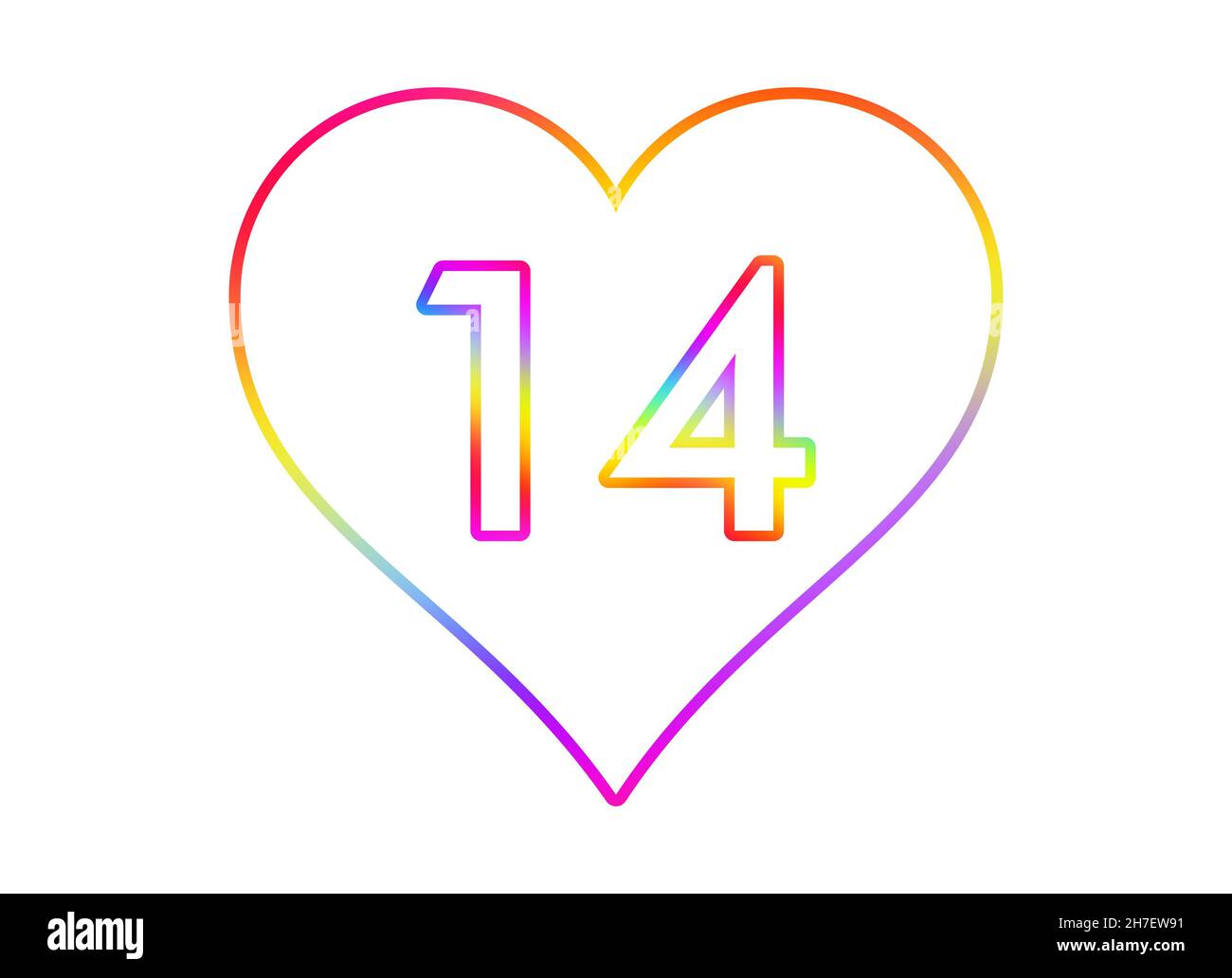 Nummer 14 in ein weißes Herz mit Regenbogenfarben umrandet. Stockfoto