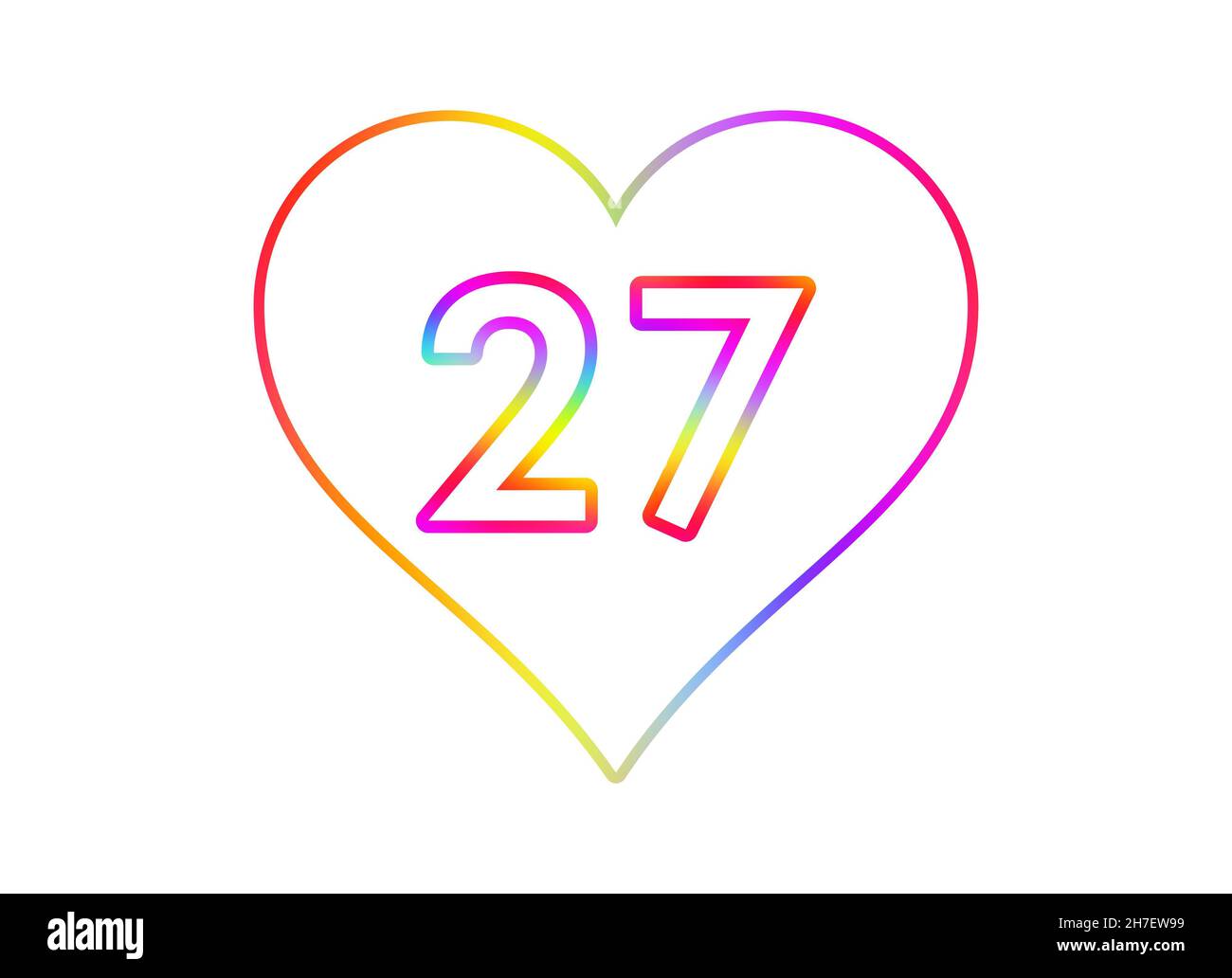 Nummer 27 in ein weißes Herz mit Regenbogenfarben umrandet. Stockfoto