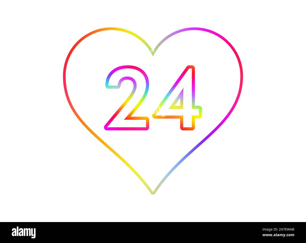 Nummer 24 in ein weißes Herz mit Regenbogenfarben umrandet. Stockfoto
