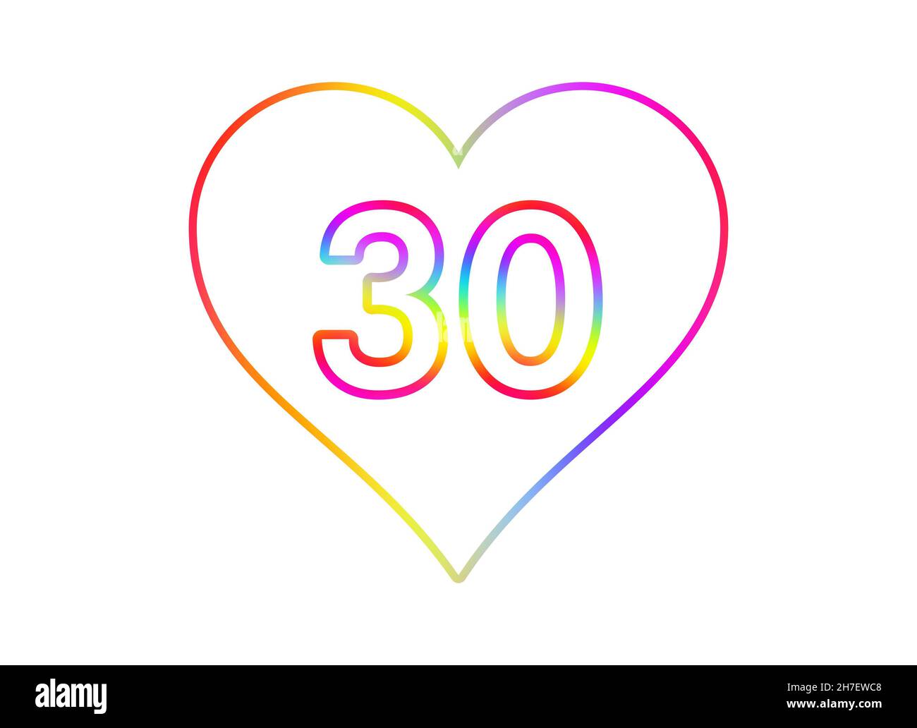 Nummer 30 in ein weißes Herz mit Regenbogenfarben umrandet. Stockfoto