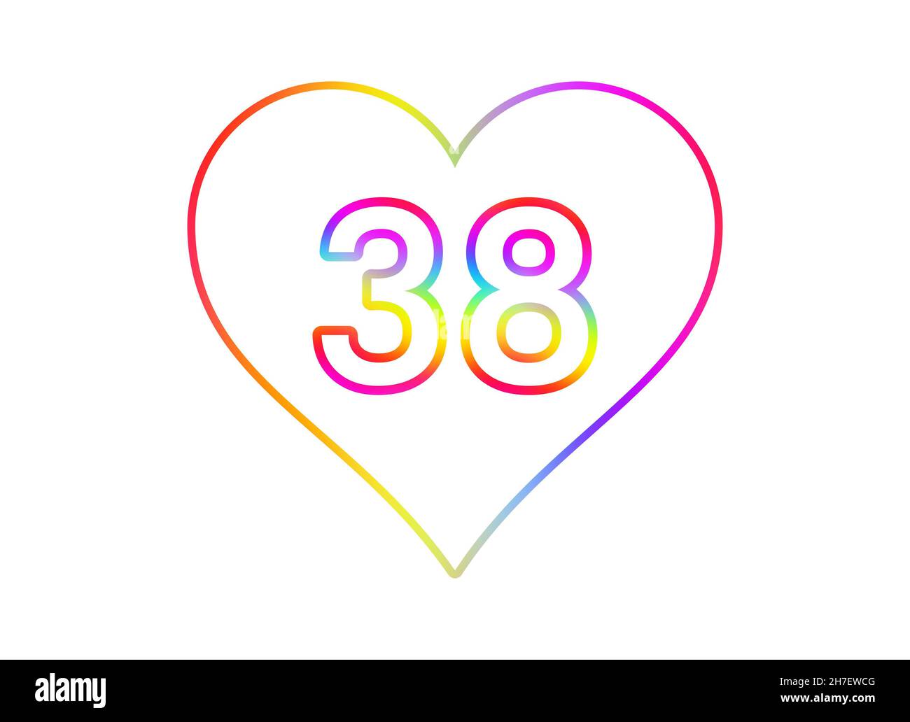 Nummer 38 in ein weißes Herz mit Regenbogenfarben umrandet. Stockfoto