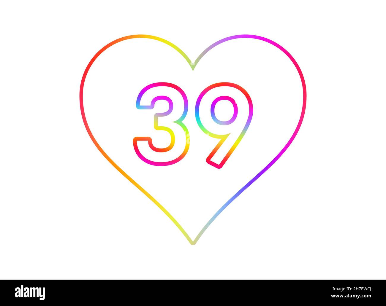 Nummer 39 in ein weißes Herz mit Regenbogenfarben umrandet. Stockfoto
