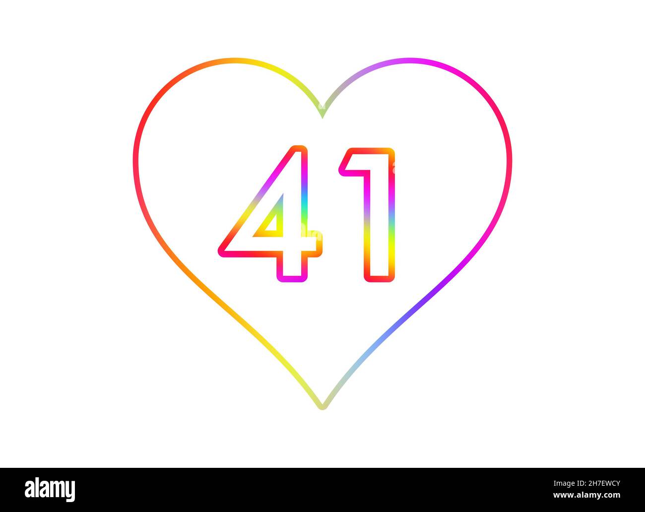Nummer 41 in ein weißes Herz mit Regenbogenfarben umrandet. Stockfoto