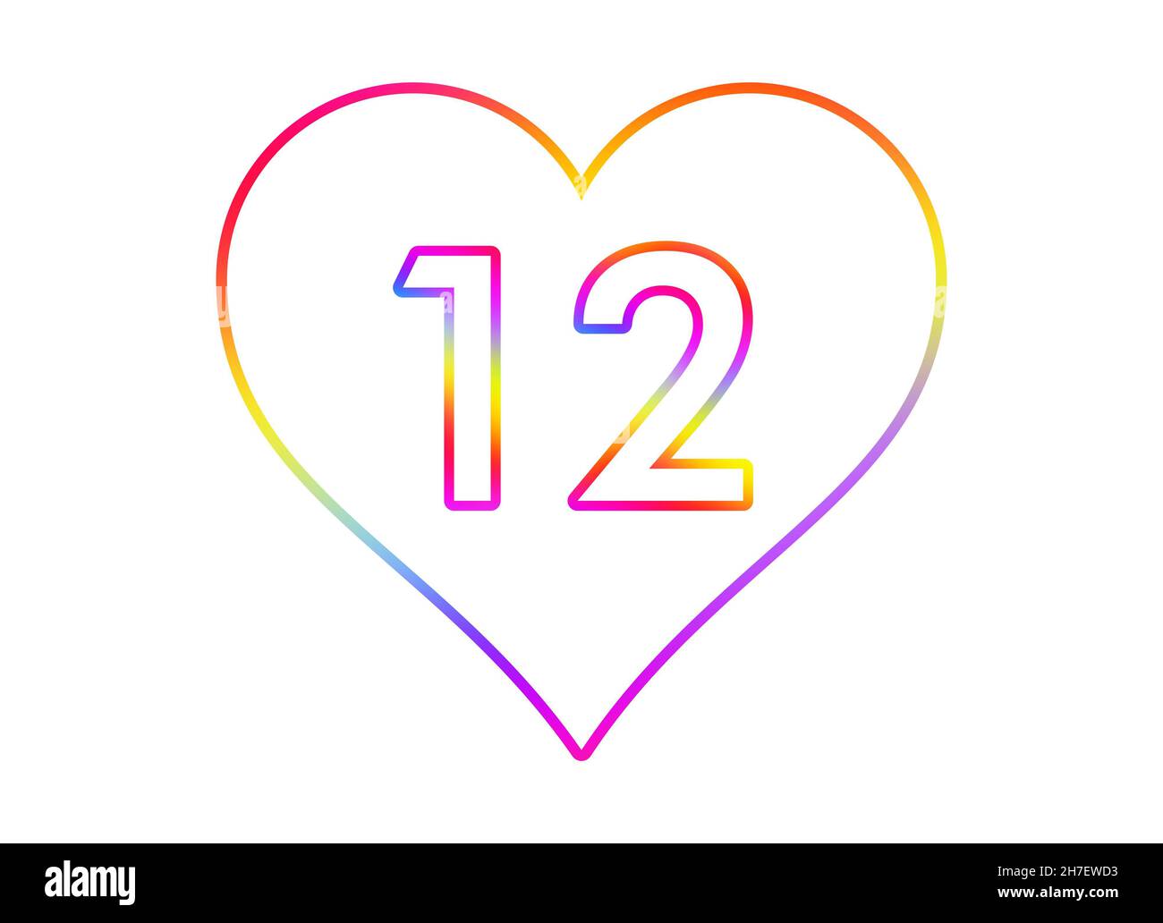 Nummer 12 in ein weißes Herz mit Regenbogenfarben umrandet. Stockfoto