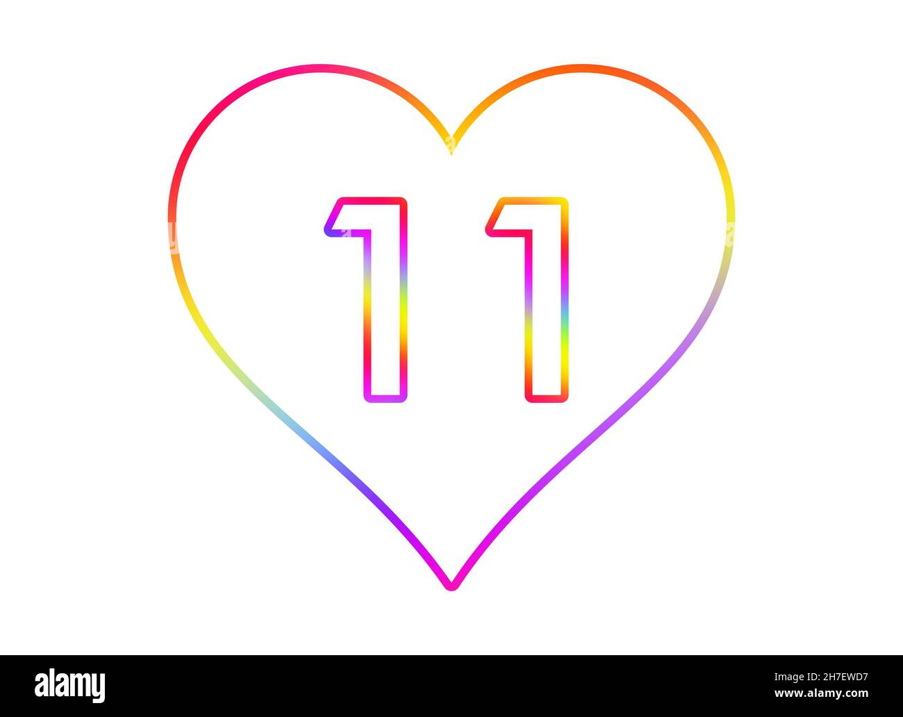 Nummer 11 in ein weißes Herz mit Regenbogenfarben umrandet. Stockfoto