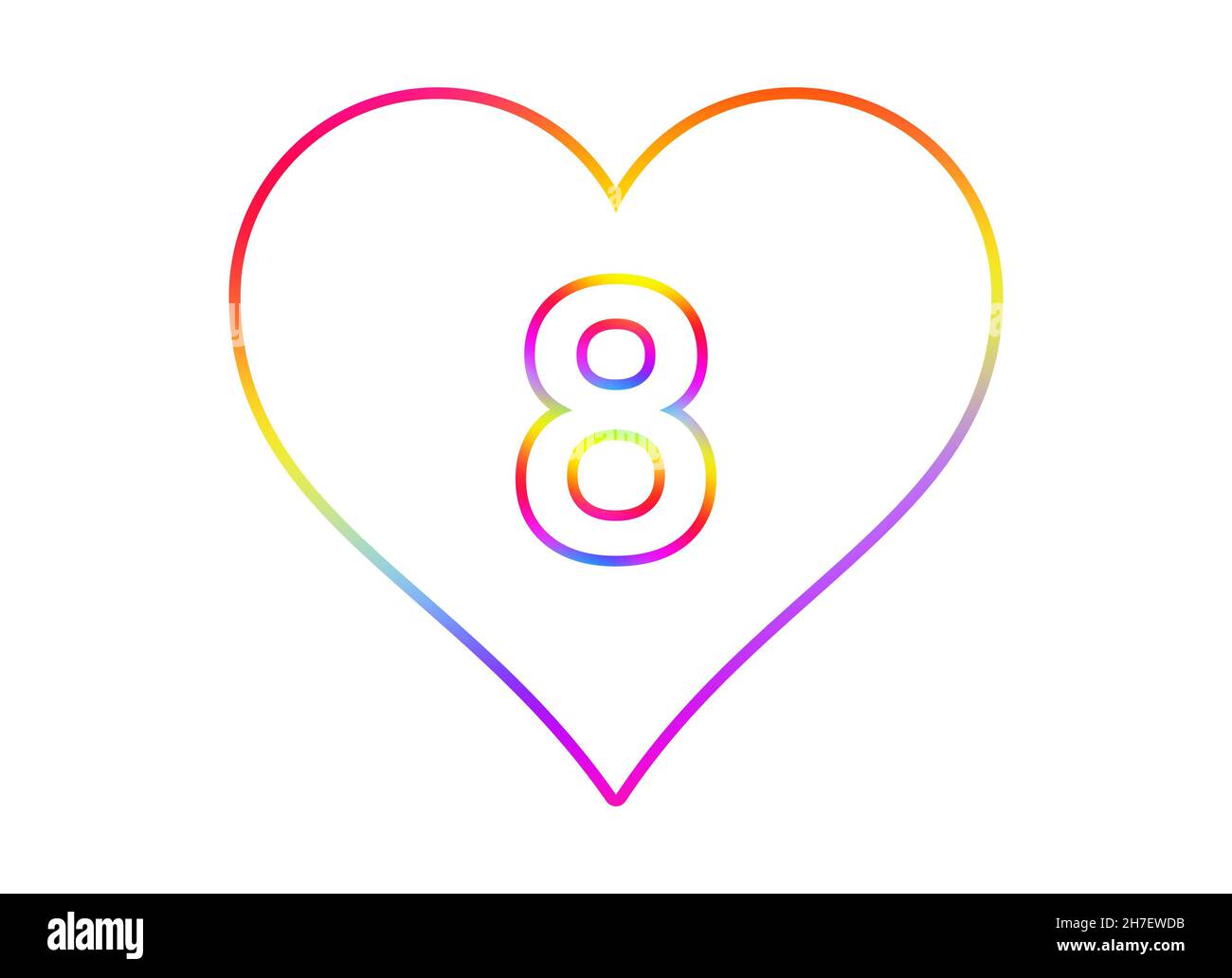 Nummer 8 in ein weißes Herz mit Regenbogenfarben umrandet. Stockfoto