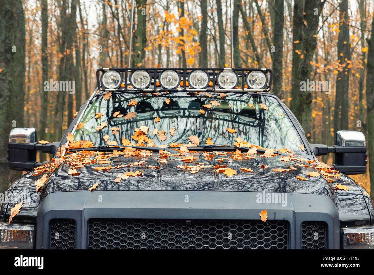 Nahaufnahme der individuell angefertigten Dachgepäckträger mit zusätzlichem Scheinwerfer, der auf dem Dach eines Hochleistungs-suv-Pick-up gegen den nebligen Herbstwald montiert ist Stockfoto
