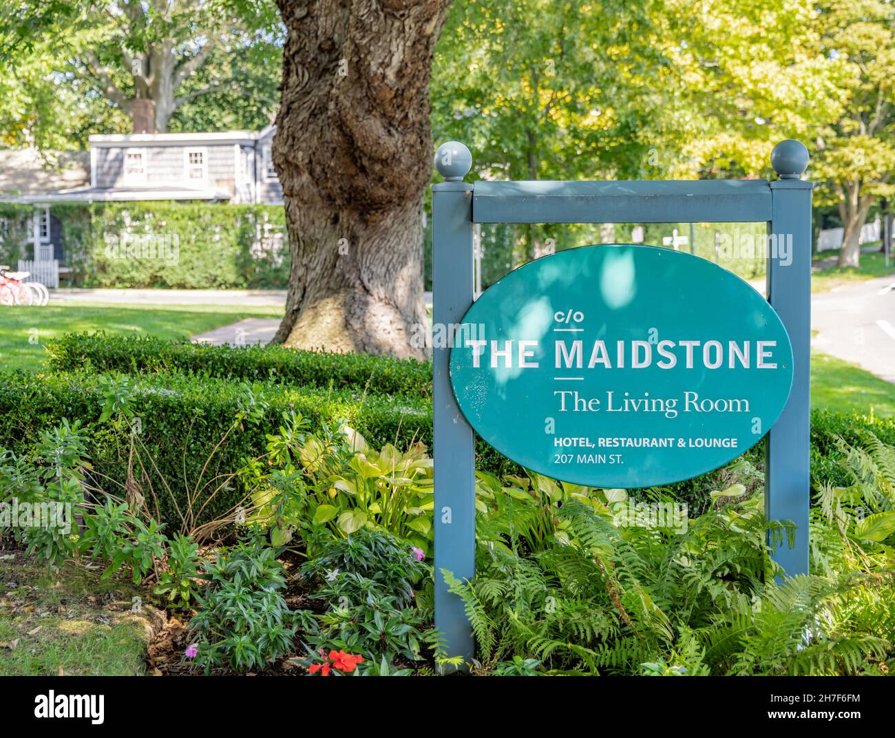 Schild für den Maidstone und das Wohnzimmer in East Hampton, NY Stockfoto