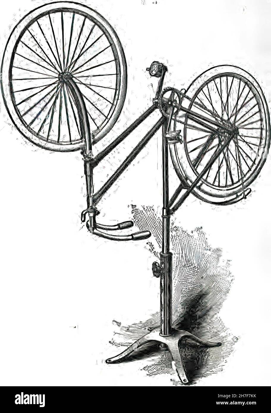 Schwarze Vintage-Illustration aus dem 19th. Jahrhundert eines Fahrradreparaturprozesses auf weißem Hintergrund Stockfoto