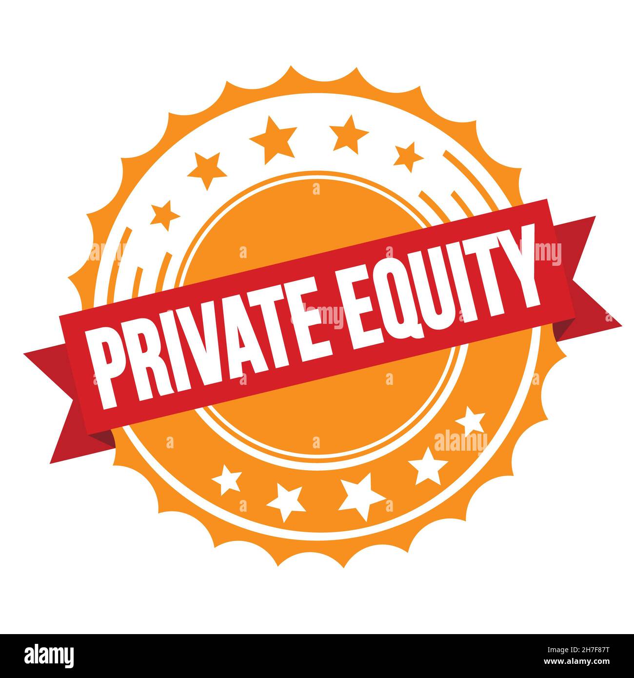 TEXT VON PRIVATE EQUITY auf einem rot-orangenen Band-Badge-Stempel. Stockfoto