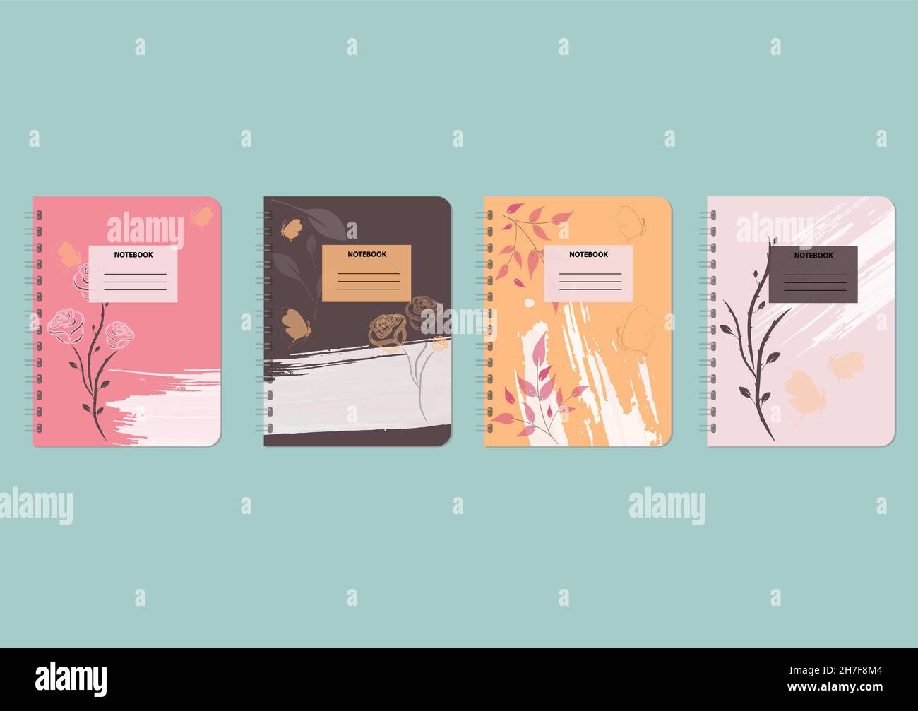 Ein Set von Briefen für Notizbücher, Bücher, Broschüren, Planer, Kataloge mit kleinen Rosen und Schmetterling. Stockfoto
