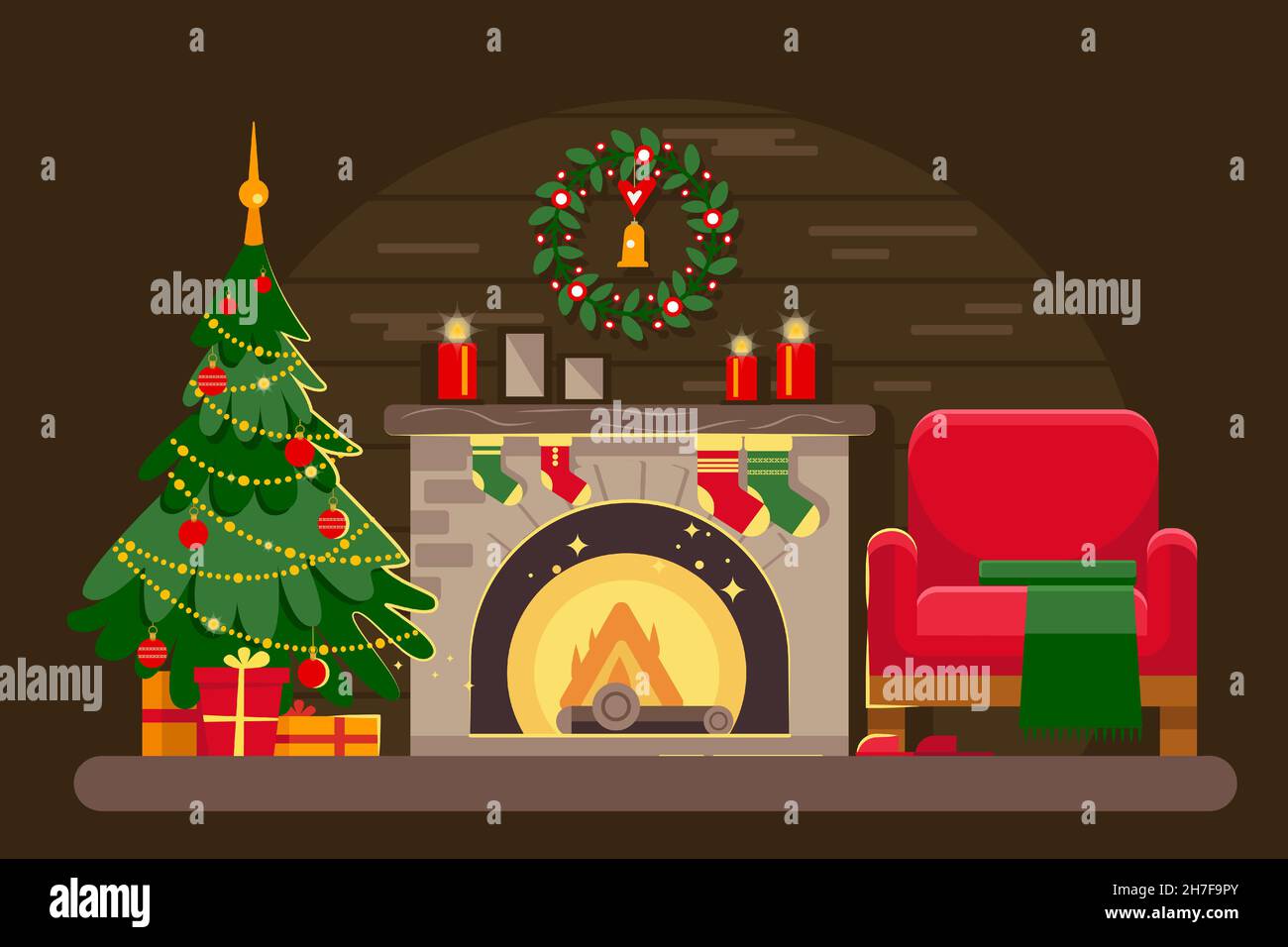 Weihnachtszimmer mit Kamin und Weihnachtsbaum, Sessel und Geschenken. Holzhaus. Gemütliches festliches Interieur. Vektorgrafik in einem flachen Stil. Stock Vektor