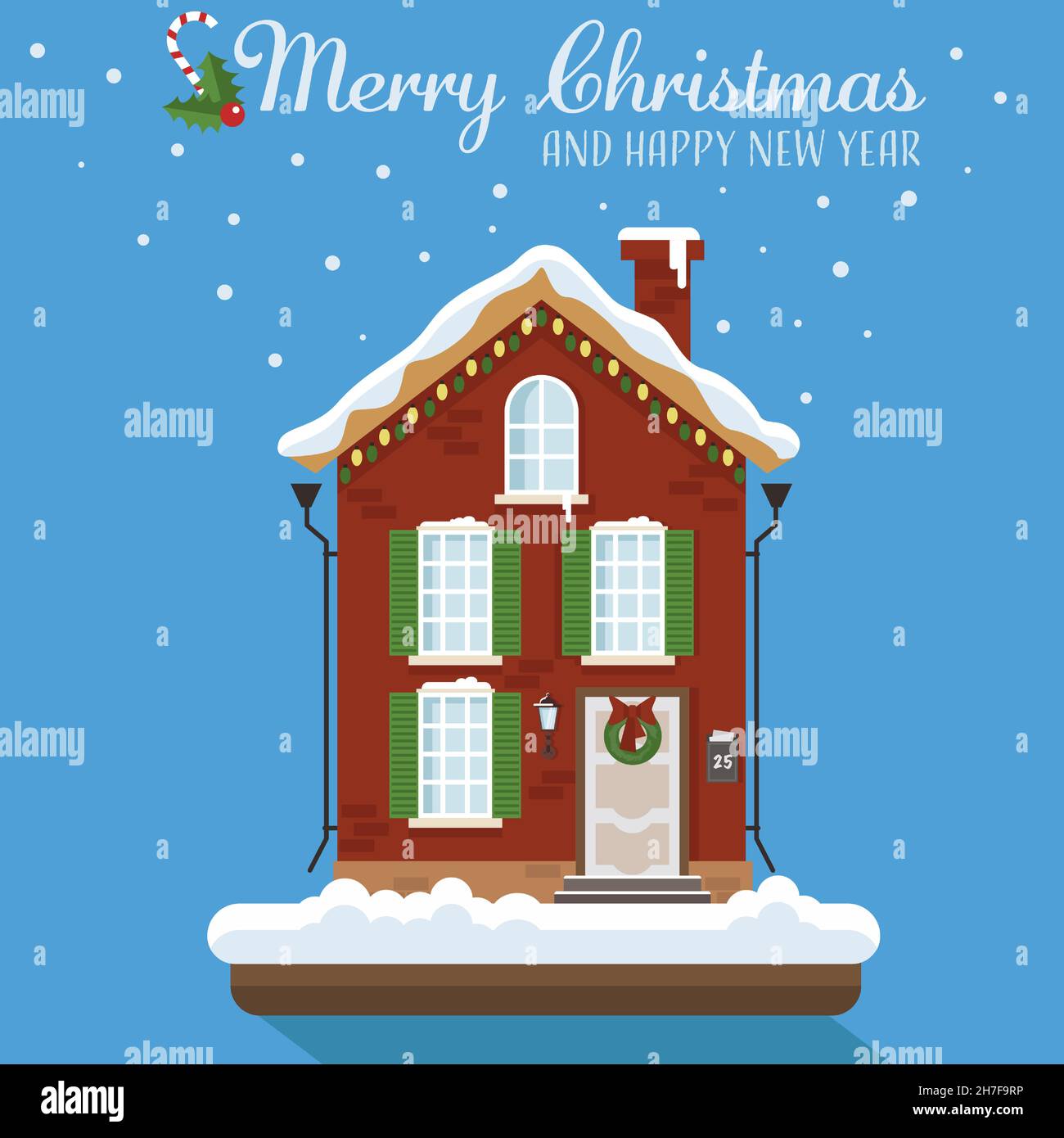 Weihnachtshaus mit schneebedeckten Lichtern. Frohes neues Jahr. Flache Vektorgrafik im Cartoon-Stil. Stock Vektor
