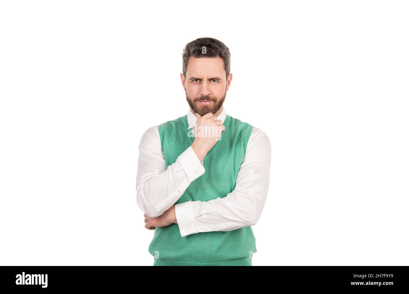 Lächelnder bärtiger eleganter Mann isoliert auf weißem Hintergrund, Eleganz Stockfoto