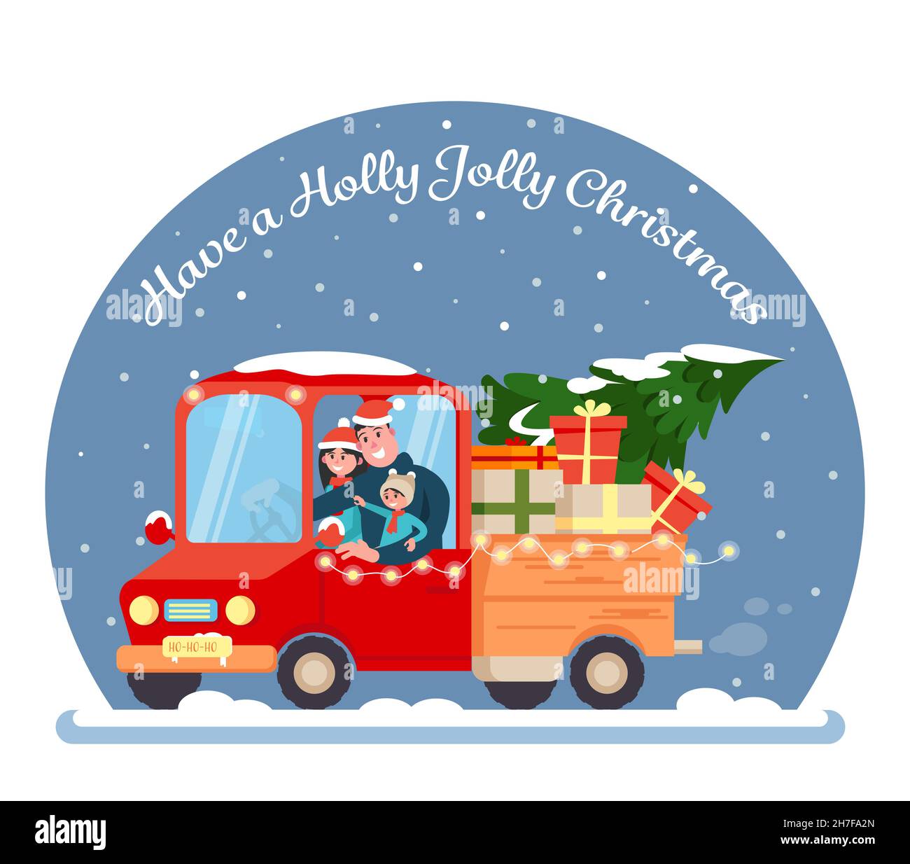Glückliche Familie mit dem Auto mit einem Weihnachtsbaum und Geschenken. Weihnachtskonzept. Vektorgrafik in einem flachen Stil. Stock Vektor