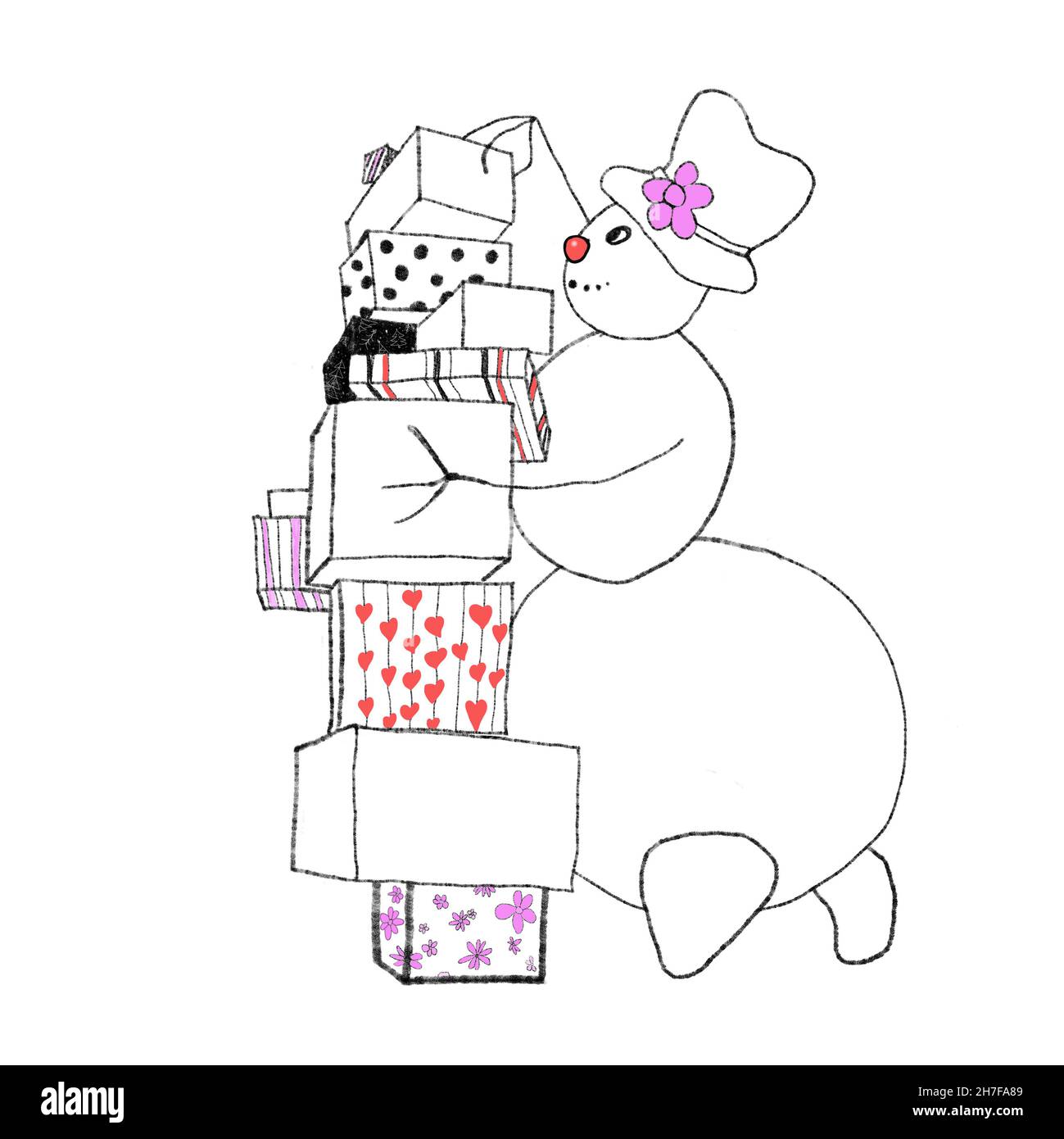 Schneemann Frosty hält eine Menge Weihnachtsgeschenke auf weißem Hintergrund isoliert Stockfoto