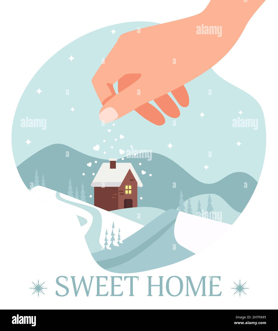 Winterlandschaft mit einem Haus und Weihnachtsbäumen. Hand streut das Haus mit Schnee und Herzen. Vektorgrafik. Stock Vektor