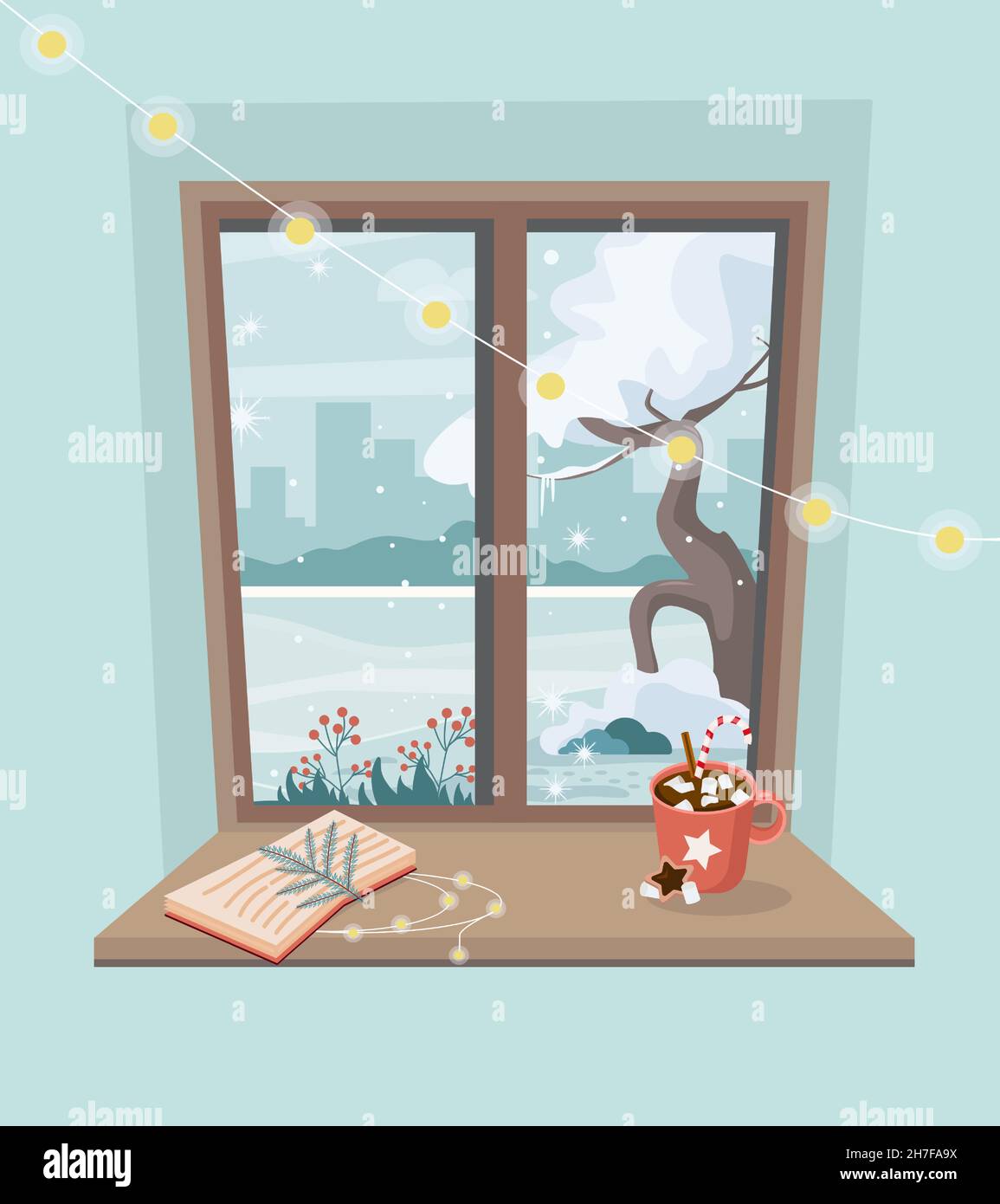 Winterfenster, mit einem Buch und einem roten Becher auf dem Schweller. Niedliche gemütliche Vektor-Illustration. Stock Vektor