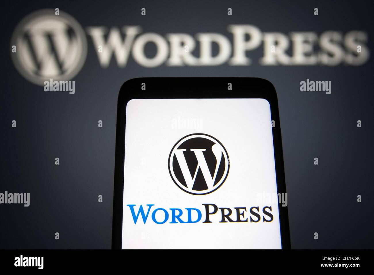 Ukraine. 22nd. November 2021. In dieser Abbildung ist das WordPress-Logo (WP, WordPress.org) auf einem Smartphone und im Hintergrund zu sehen. Kredit: SOPA Images Limited/Alamy Live Nachrichten Stockfoto