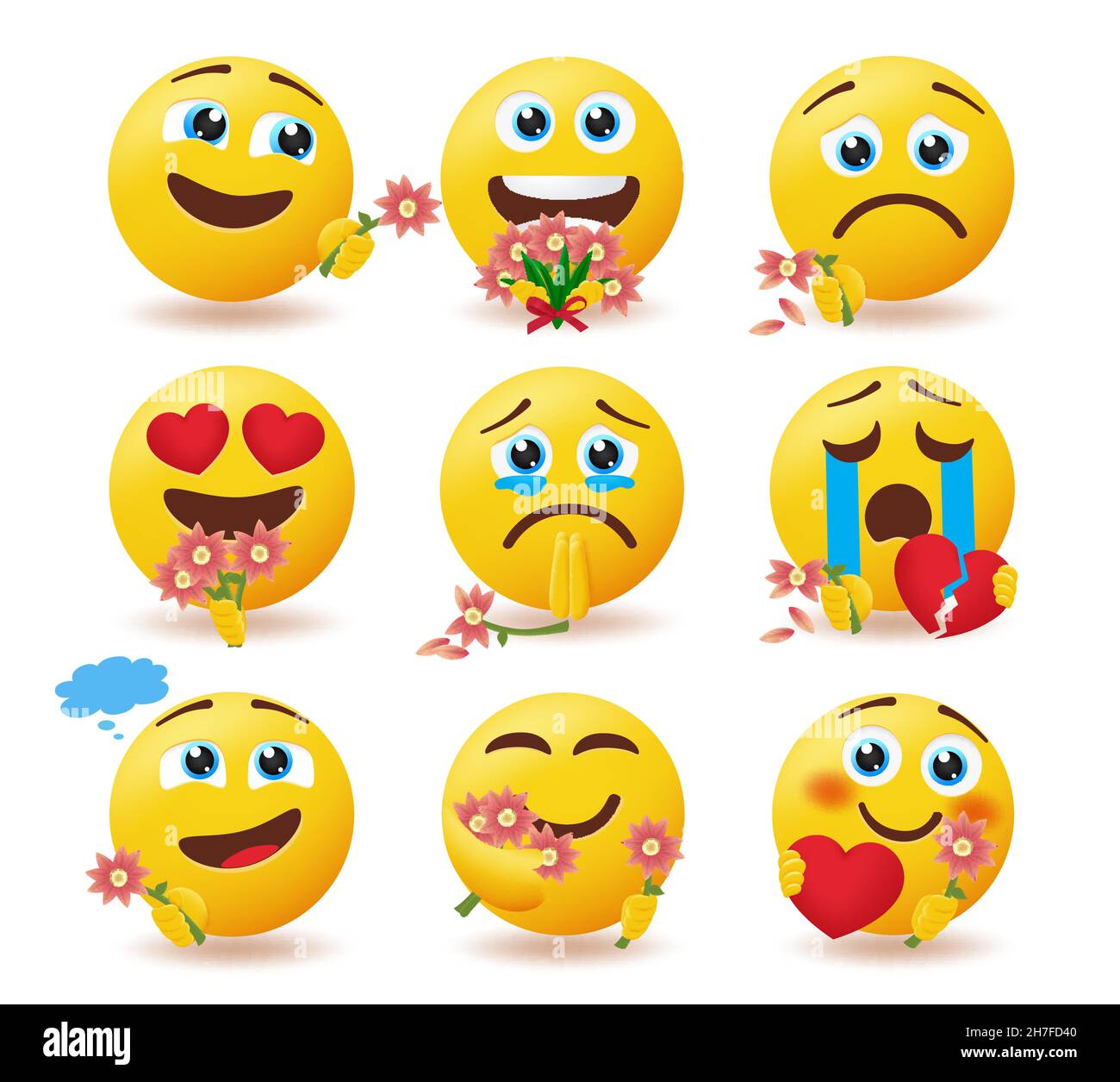 Vektor-Set für Emoji-Suitor-Zeichen. Emoticons Bewunderer Smileys halten und geben Blumen mit glücklichen und traurigen Ausdruck für valentine in der Liebe und brach. Stock Vektor