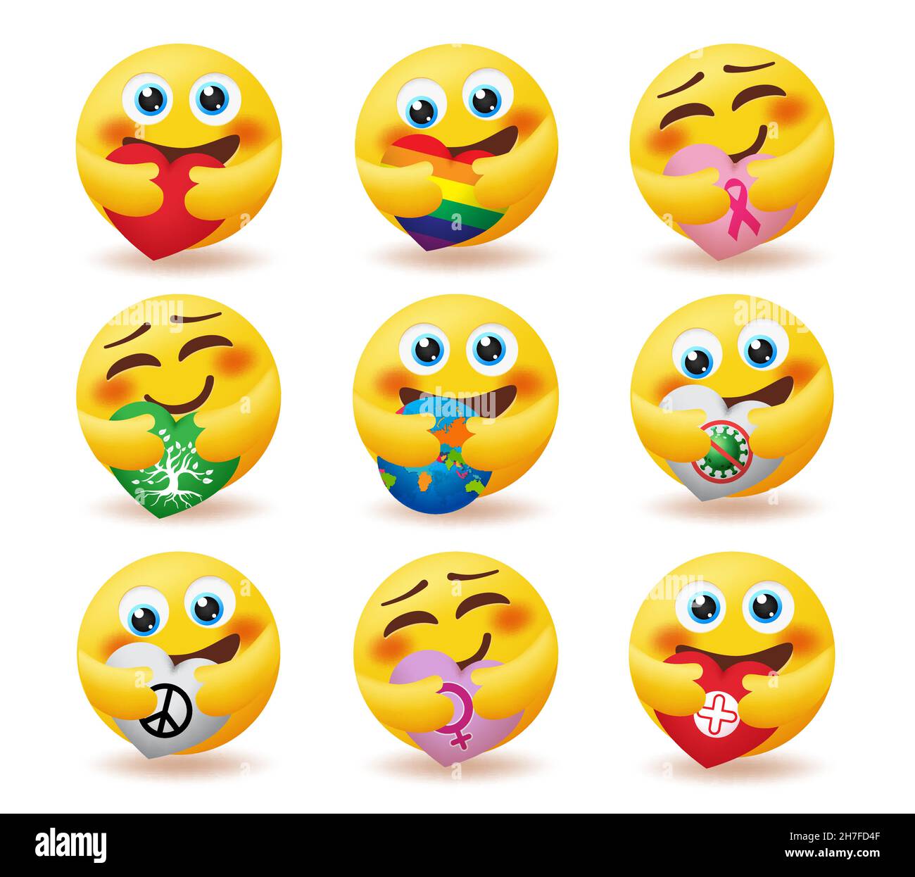 Emoji Care Emoticon-Vektor-Set. Emoticons Smiley-Zeichen in Umarmung Pose mit Herzelementen der Welt, des Friedens und der Natur für Emojis fürsorglichen Charakter. Stock Vektor