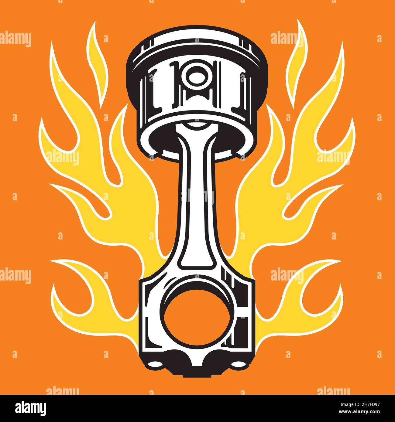 Kolben mit Flammen heißen Stange Auto Teil Abzeichen oder Emblem. Vektordarstellung eines Kolbens, umgeben von klassischen heißen Stabstiften, die Flammen aufstempeln. Stock Vektor