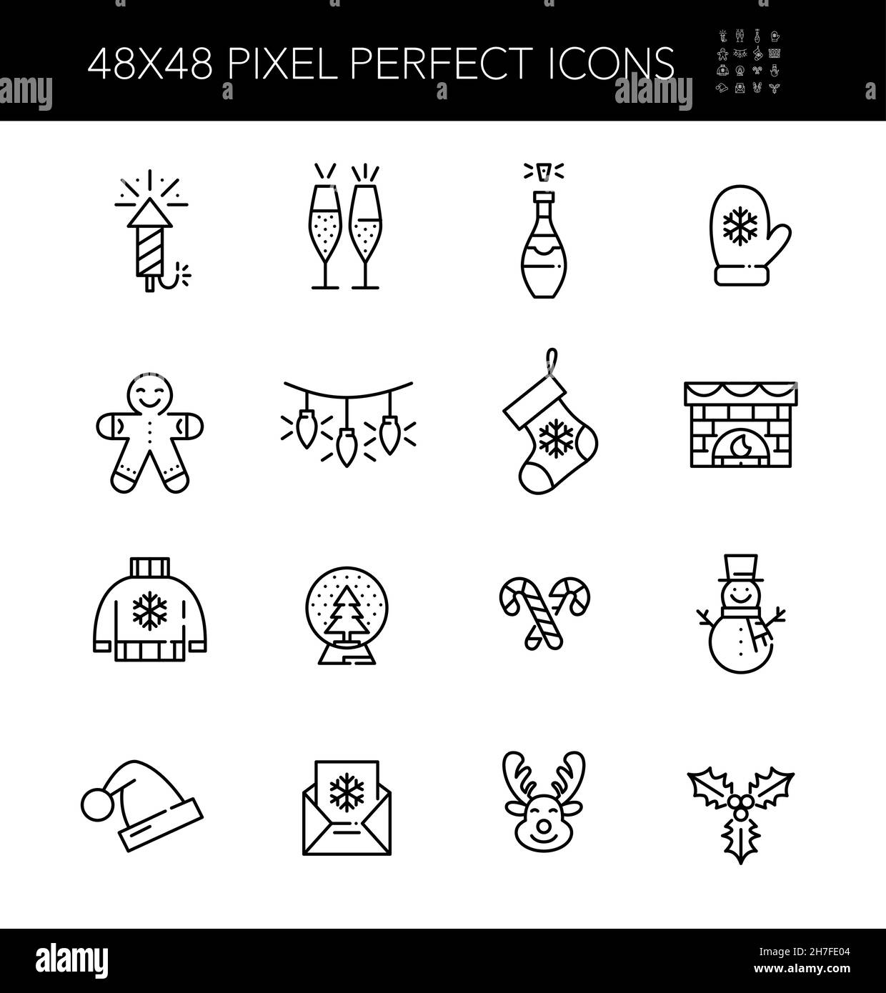 Weihnachtsfeier und Neujahrsfest-Ikonen. Feuerwerk, Kaminstrumpf, Rentiere und Champagner. Pixel-perfekter, bearbeitbarer, farbiger Strichvektor Stock Vektor