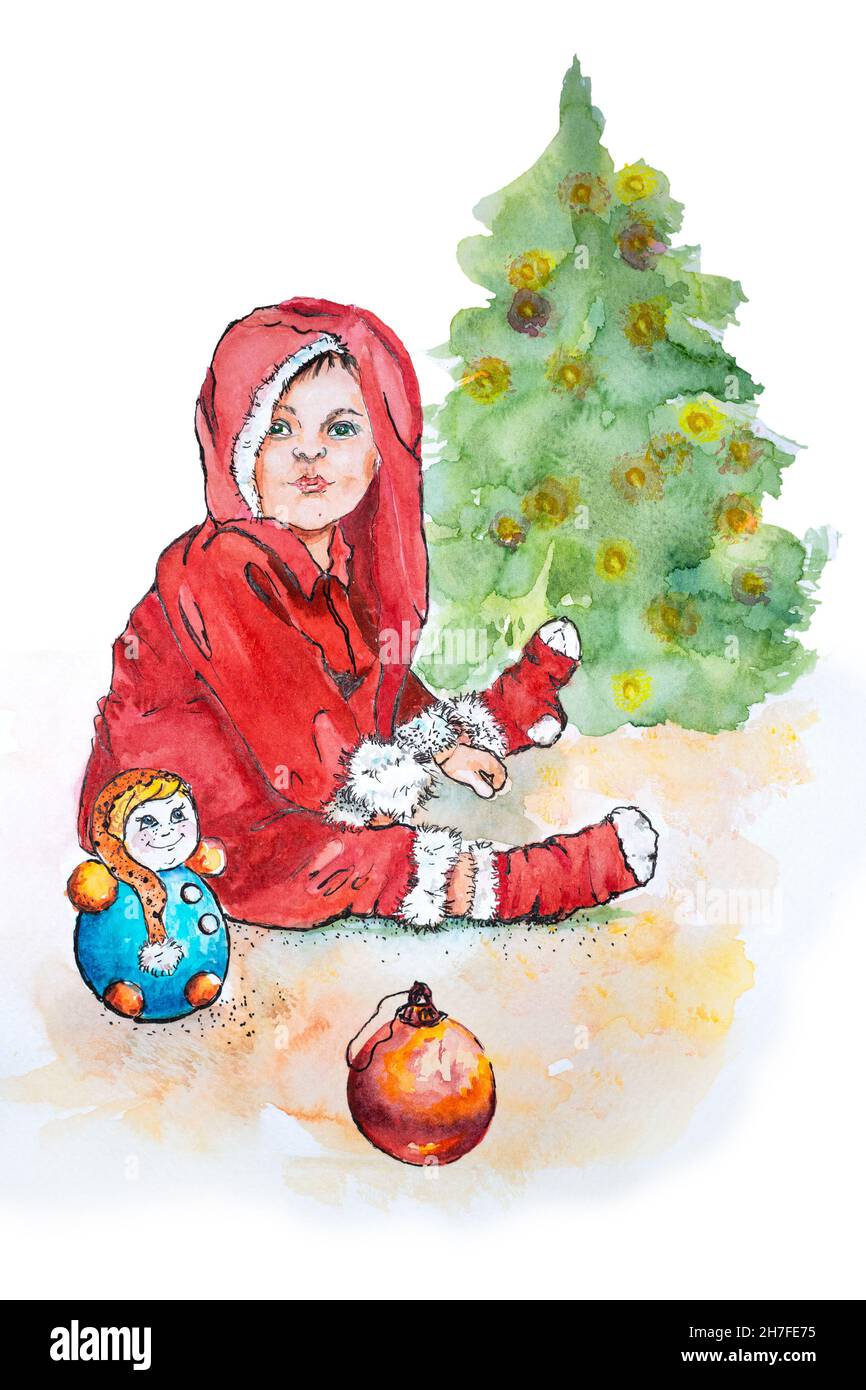 Kind im weihnachtsmann Kostüm in der Nähe von weihnachtsbaum Aquarell Illustration isoliert Stockfoto