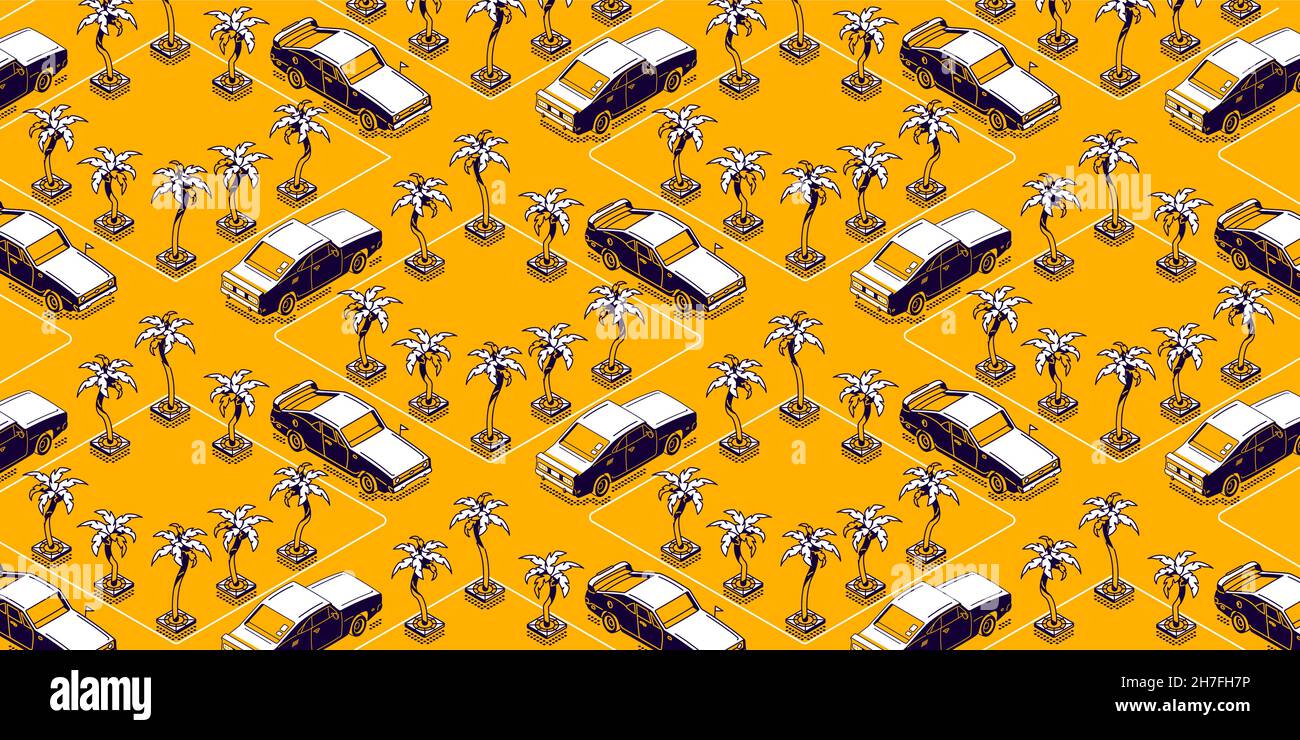 Oldtimer auf der Straße mit Palmen. Konzept von Sommerurlaub, Reisen, Roadtrip. Vektorhintergrund mit isometrischen Fahrzeugen fahren auf der Autobahn auf einer tropischen Insel oder am Strand Stock Vektor