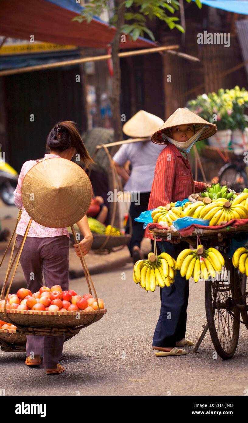 VIETNAM, HANOI, FRAUEN, DIE BANANEN UND APFEL IN DEN STRASSEN VON HANOI SALZEN Stockfoto