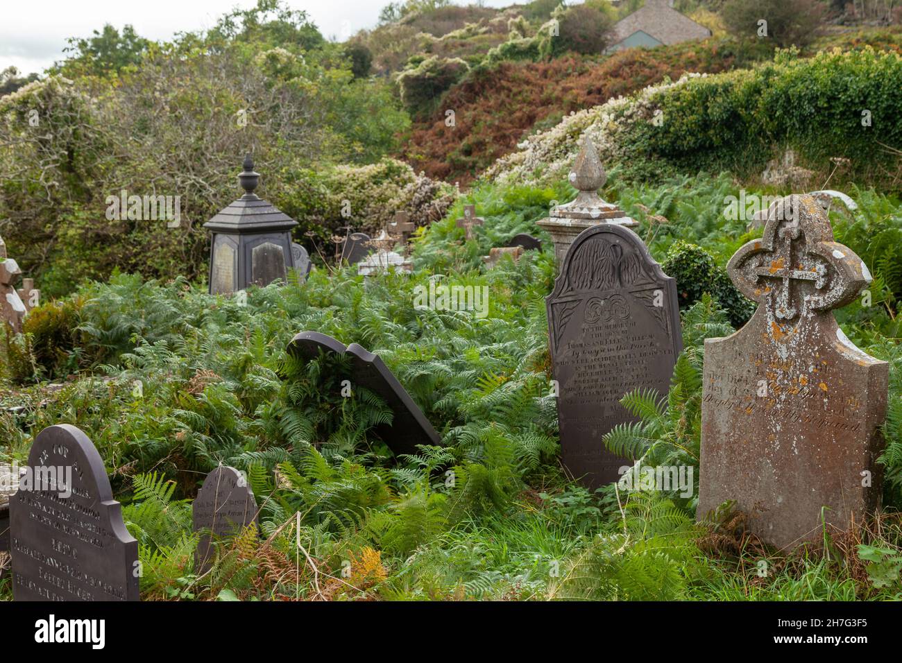 Grabsteine in der St. Seiriol's Church Penmon Priory, Anglesey, Wales, Großbritannien, aus dem 12th. Jahrhundert Stockfoto