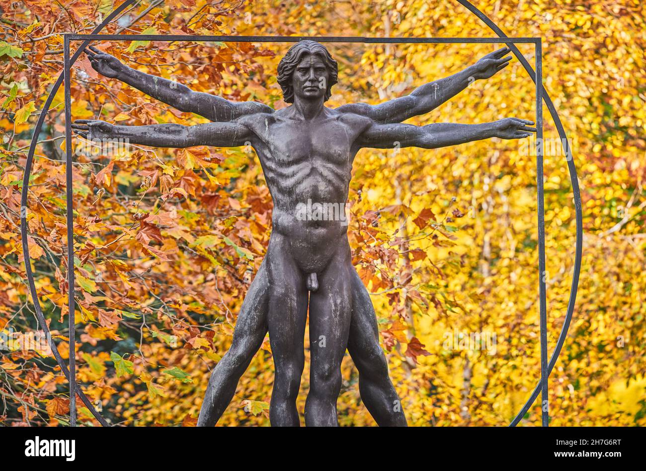 Statue des vitruvianischen Mannes (Leonardo da Vinci) im Garten des Belgrave Square, London, England. Stockfoto