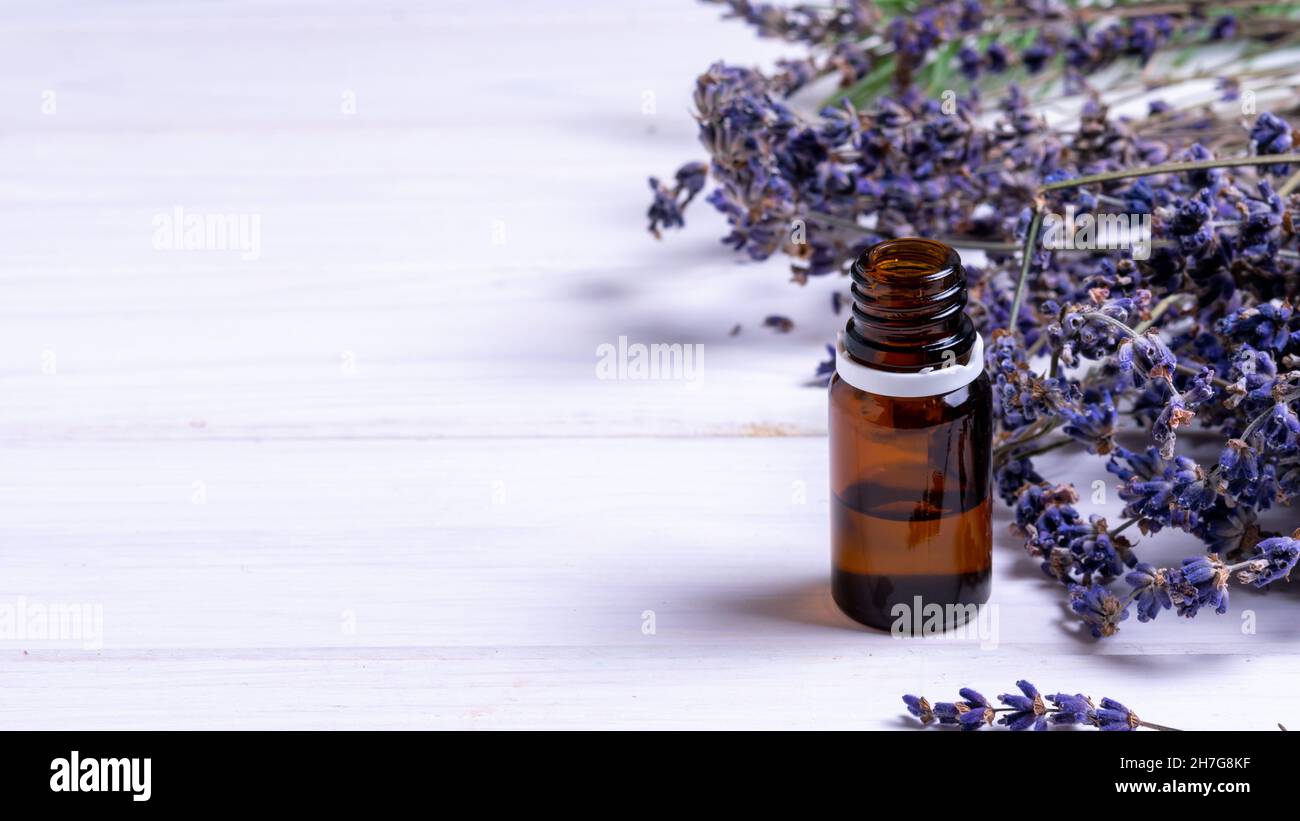Banner, Flasche mit Tropf- und Lavendelblüten auf weißem Holzhintergrund, Naturkosmetik-Konzept Stockfoto