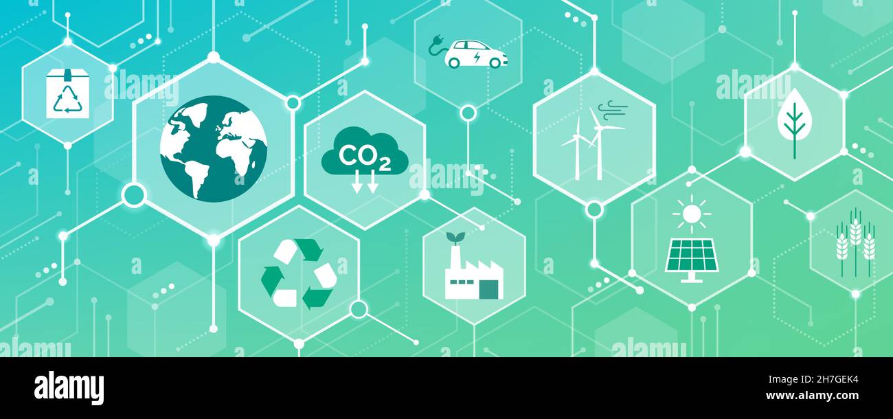 Grüne Technologie, Umweltschutz und nachhaltige Entwicklung – Banner mit Symbolen Stock Vektor