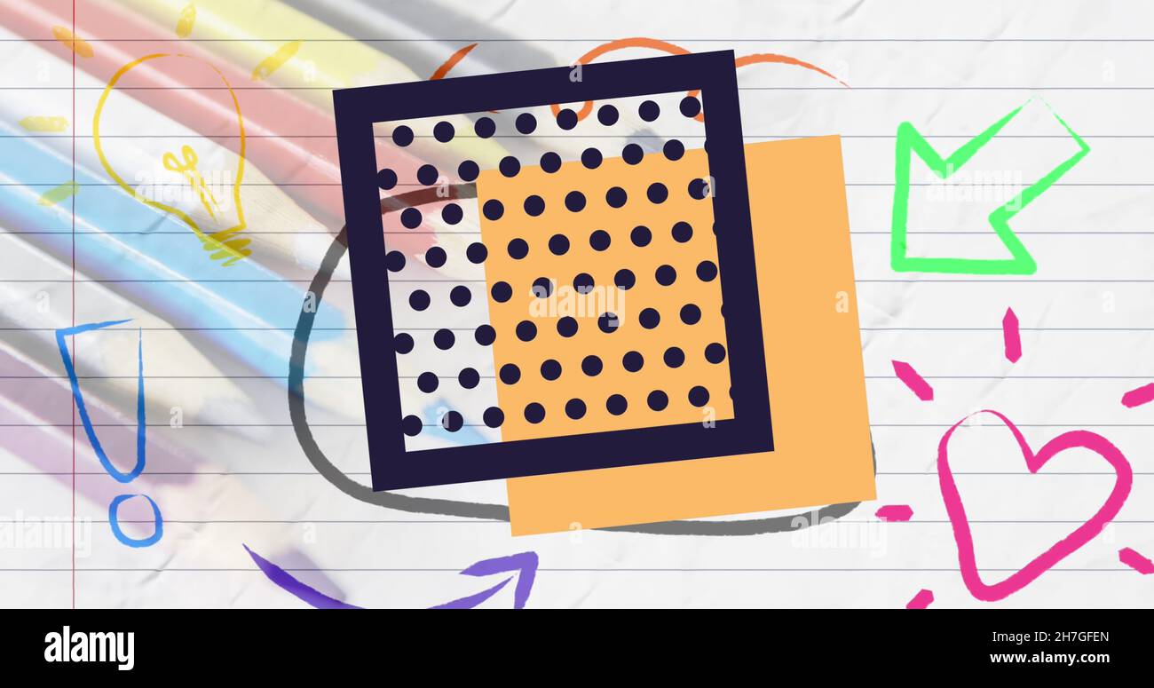 Bild von schwarzem Punkt und gelbem Quadrat über bunten Kritzeln auf liniertem Papier Stockfoto