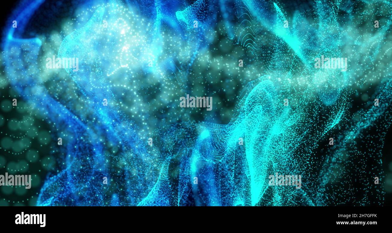 Bild von blauem Dampf über einem leuchtenden Punktnetz, das sich auf schwarzem Hintergrund bewegt Stockfoto